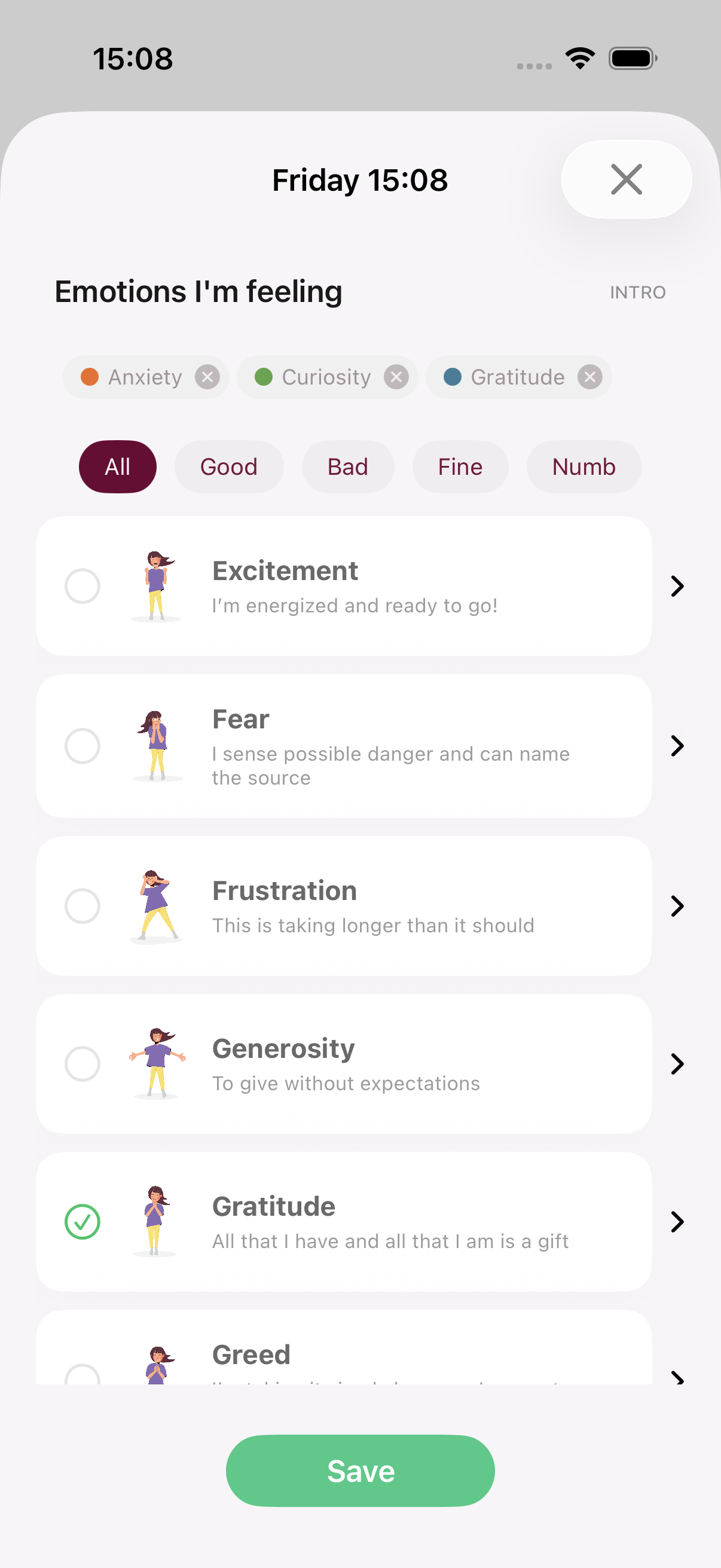 Emotion check-in screen showing a wide range of emotions to choose from