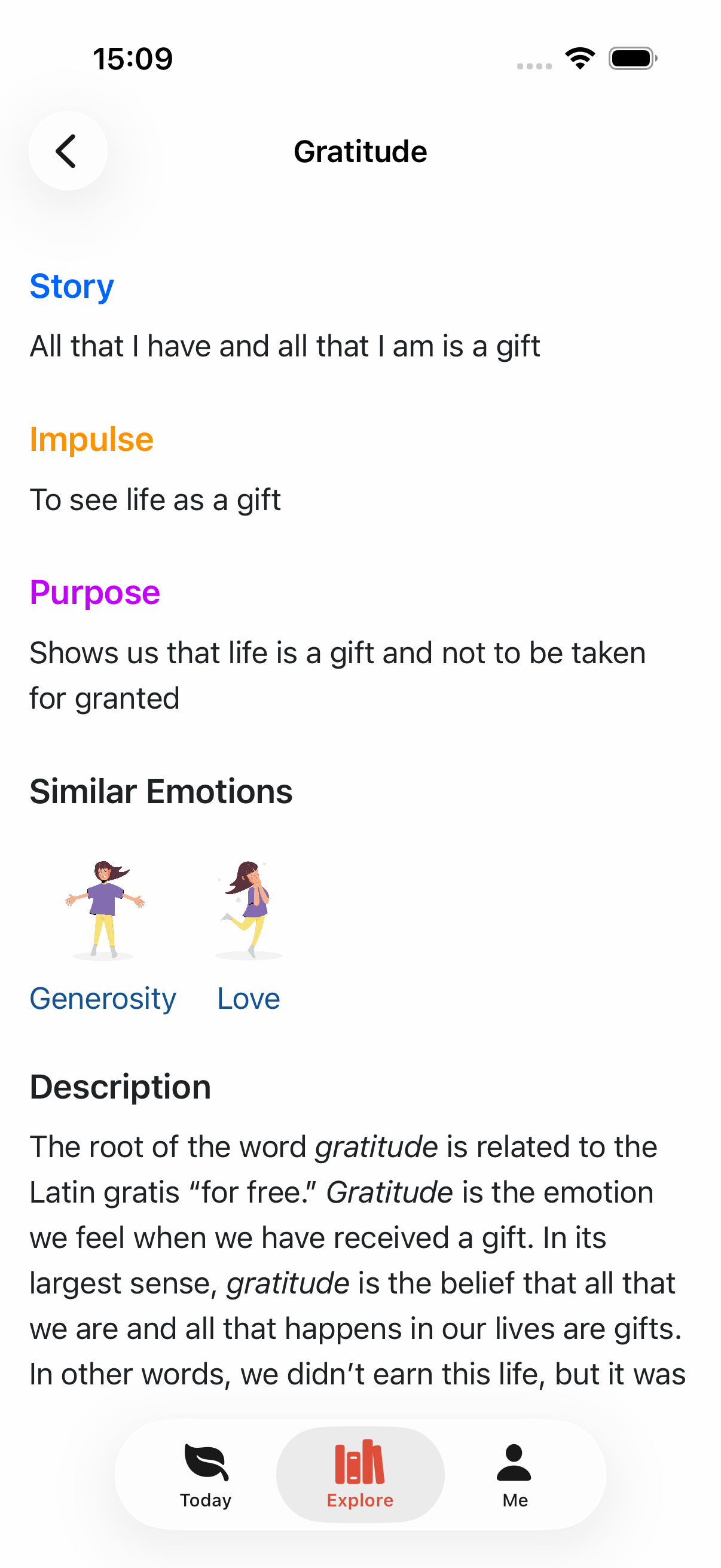 Emotion detail screen showing the story and purpose of gratitude