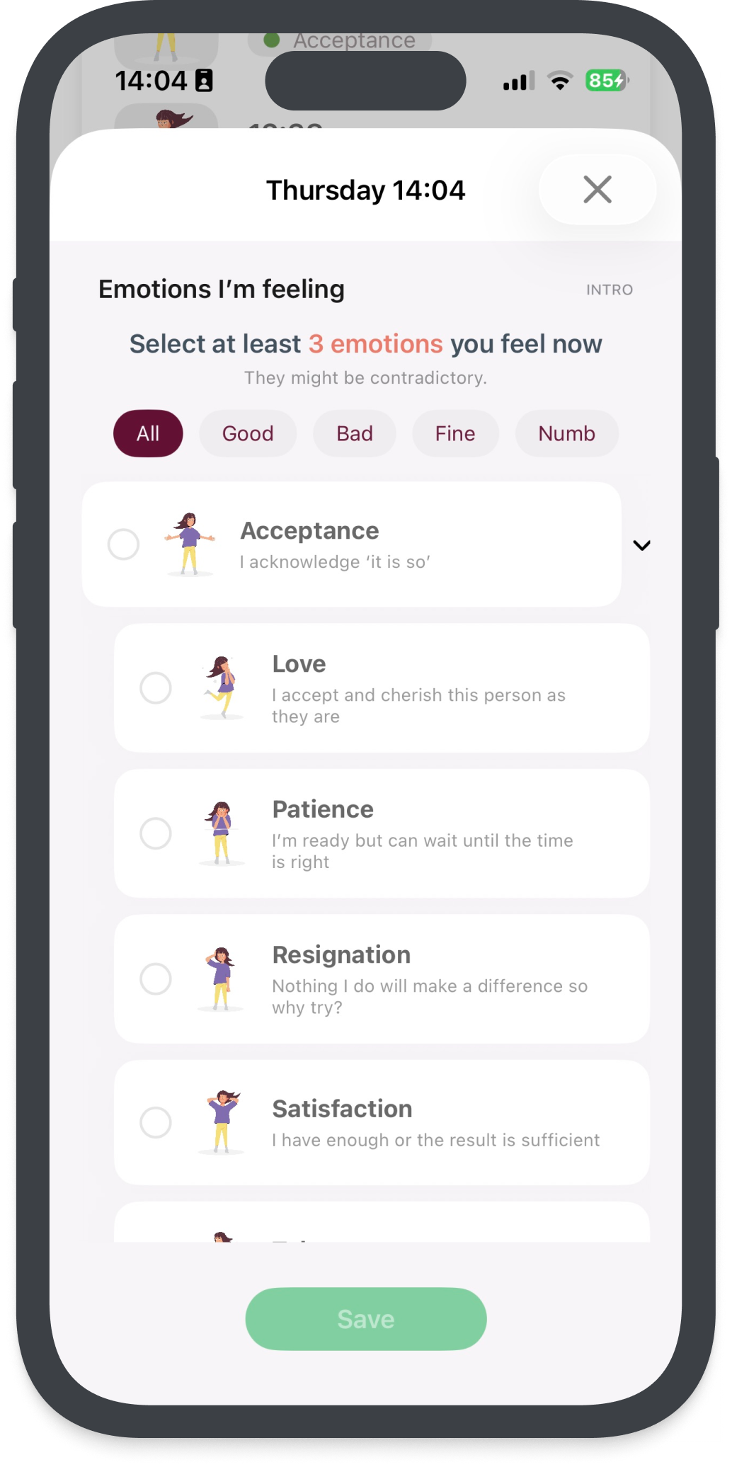 Select emotions you're feeling with options for Acceptance, Love, Patience, Resignation, and Satisfaction