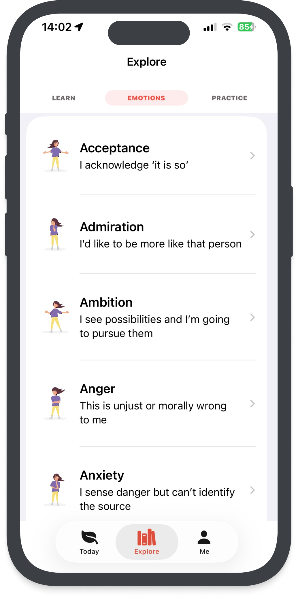 Explore emotions screen showing Acceptance, Admiration, Ambition, Anger, and Anxiety