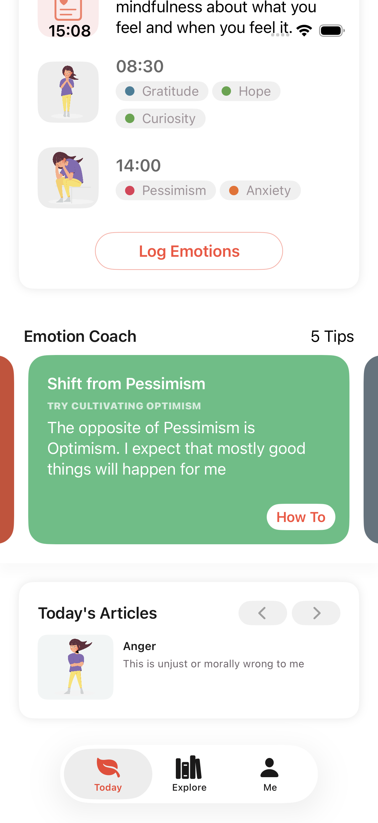 Today tab showing personalized emotion coaching suggestions